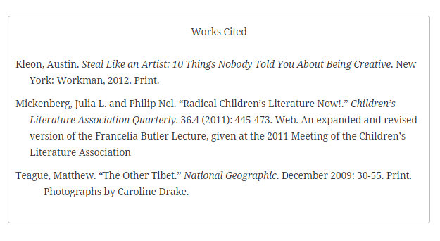 A sample "Works Cited" section.